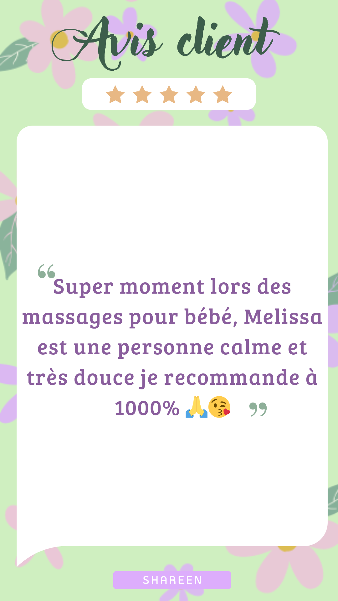 Super moment lors des massages pour bébé, Melissa est une personne calme et très douce je recommande à 1000% 🙏😘