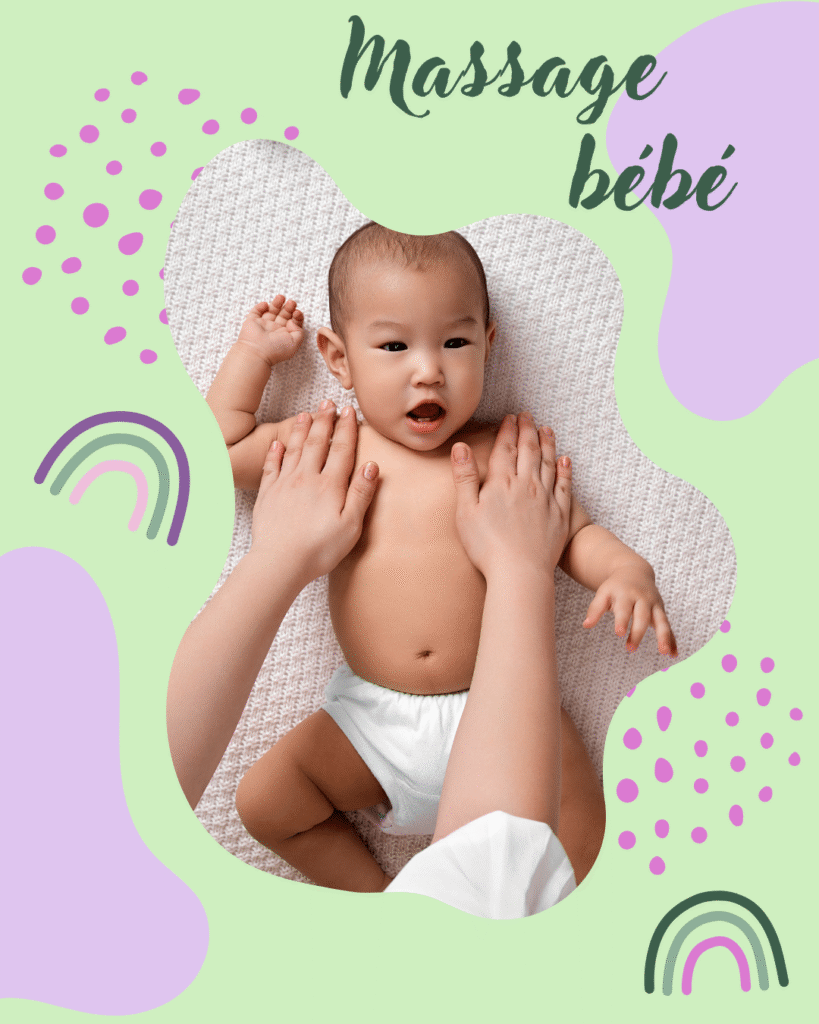 Séance de massage bébé avec Mélissa, doula et accompagnante parentale, montrant un parent massant doucement son nourrisson dans un cadre apaisant.